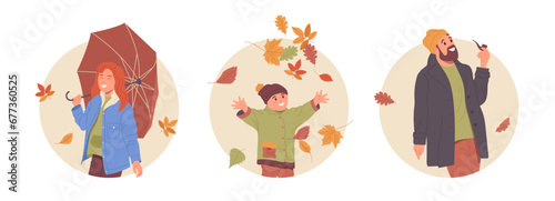 Happy people enjoying warm autumn weather and romantic mood isolated round icon composition