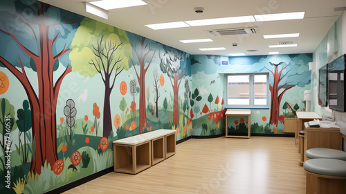 Interactive Learning Wall in Pediatric Clinic: An interactive wall in a pediatric clinic, featuring educational games and activities for children photo