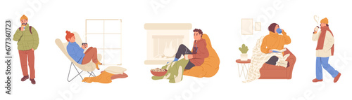 Isolated set of young people cartoon character enjoying autumn weather on white background