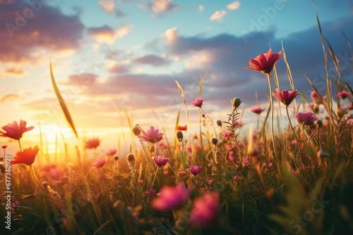 Wild flower field in wild at sunset with variable colors in Spring. Spring seasonal concept.