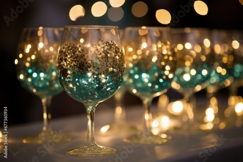 Frosted wine glasses adorned with fairy lights creating a magical ambiance captured in a palette of enchanting emerald green fairy dust gold and a hint of pixie pink 