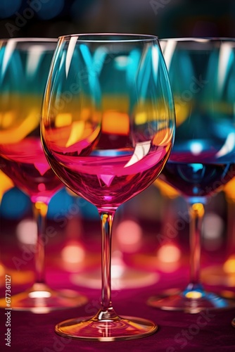 Wine glasses artistically filled with myriad shades of color splashed captured in a palette of vibrant magenta sunshine yellow and deep turquoise 