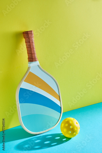 a pickleball paddle leaning against a yellow wall with a ball next to it on top of a blue surface