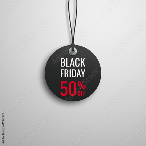 Black friday sale. Realistic price tag image. Black label on a white background. Special offer or shopping discount label. Sale, 50% discount, big discounts. Vector image, EPS 10.