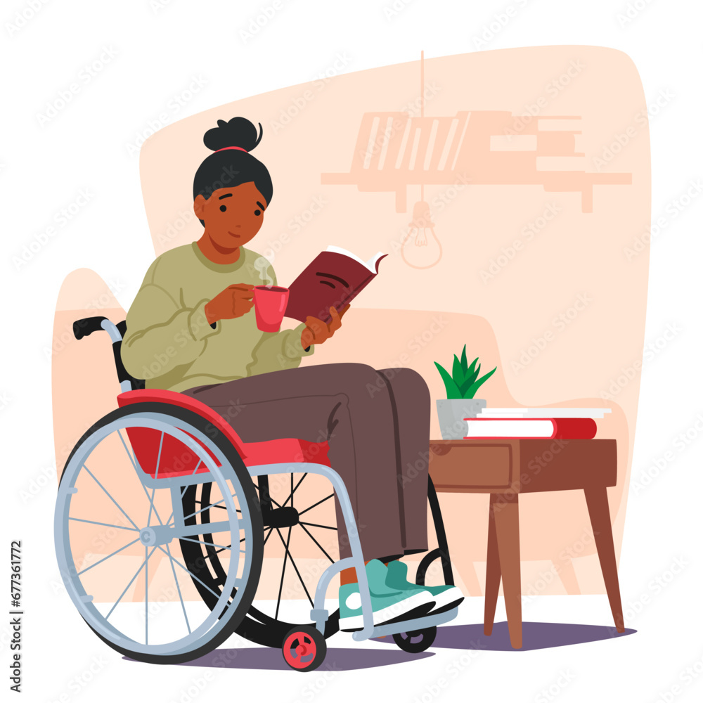 Handicapped Woman In A Wheelchair, Engrossed In Her Book. Character Radiates A Powerful Blend Of Strength