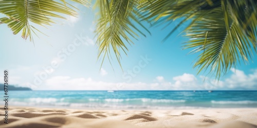 Beautiful palm tree leaves and blue sea. Minimalism. Summer tropical vacation concept.