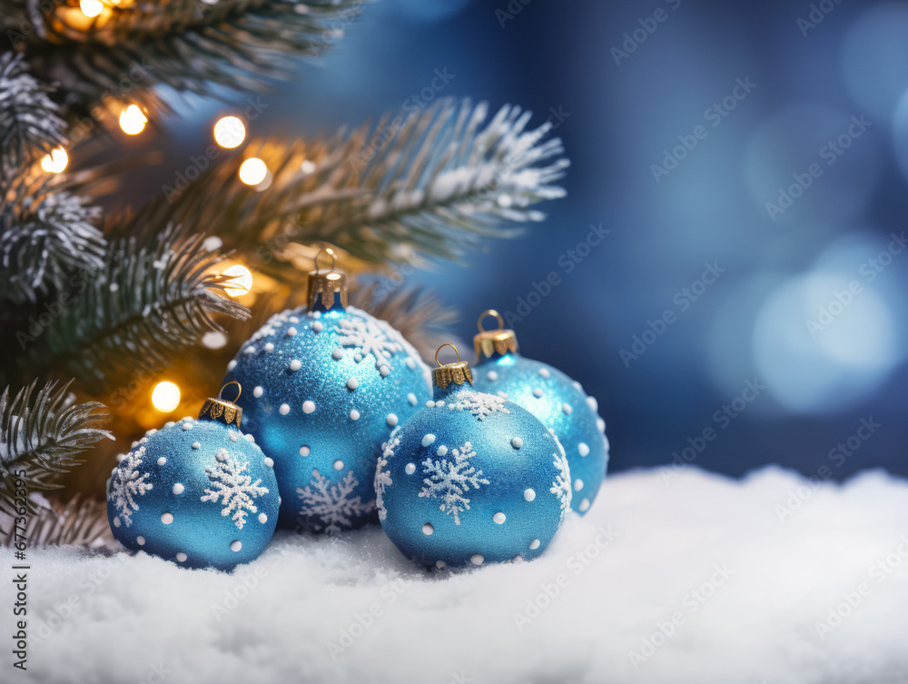 Blue Baubles of Joy: A Collection of Snowflake-Adorned Ornaments Resting in a Wintry Scene with Festive Lights