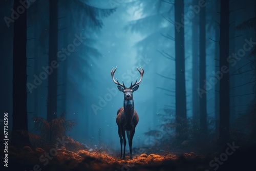 Male deer with antlers stand in blue dark misty forest. © rabbit75_fot