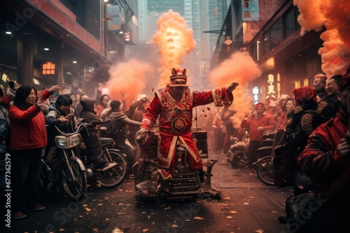chineese people celebrating chineese new year on the city streets in China