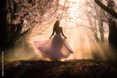 Graceful woman with long skirt walking in foggy beautiful blooming cherry blossom woods with pink petals in air and on ground in Spring. Spring seasonal concept.