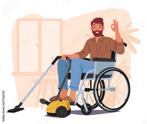 Determined Man In A Wheelchair Skillfully Vacuums The Floor, Character Showcasing His Independence And Ability