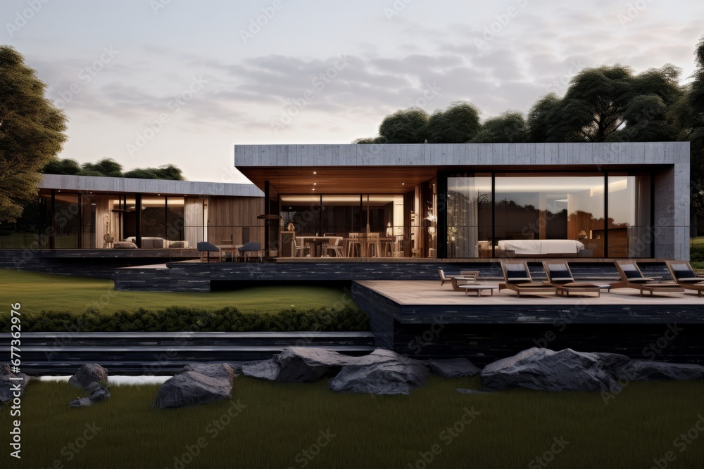 Fototapeta premium modern minimal house with swimming pool in the countrysid