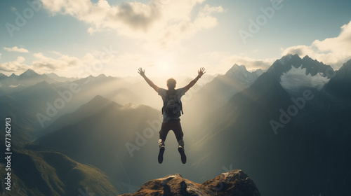A man on the top of a mountain jumps for joy after a long climb. © Jūlija