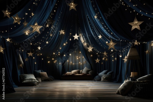 Moonlit circus tent interiors gleam in white navy blue and star silver  © fotogurmespb