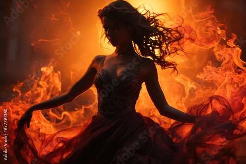 Fire breathers mystifying act captured in radiant red black and sunset orange  photo