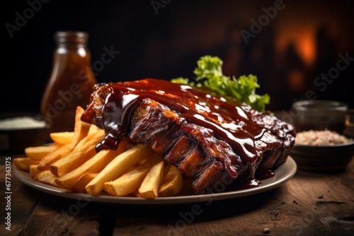 american style pork ribs with bbq sauce and french fries  photo