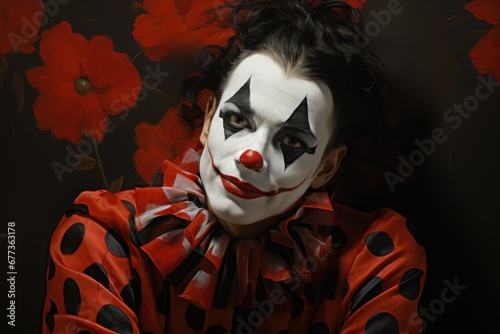 Classic clown portraiture; rich in jovial red mysterious black and pristine white 
