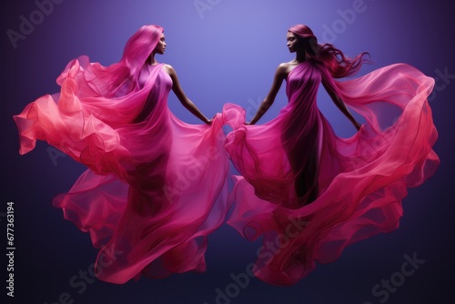 Aerial silk performers in fuschia and indigo isolated on a gradient background  photo