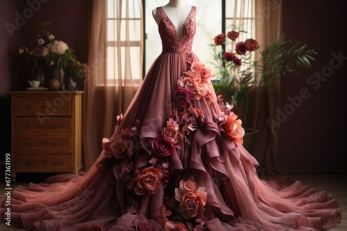 Unconventional bohemian burgundy wedding dress isolated on a gradient rose gold background  photo