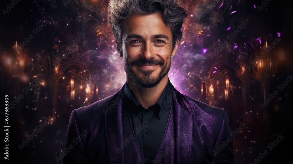 Enchanting magician in mystical purple attire isolated on a sparkling silver gradient background Enchanting magician in mystical purple attire isolated on a sparkling silver gradient background