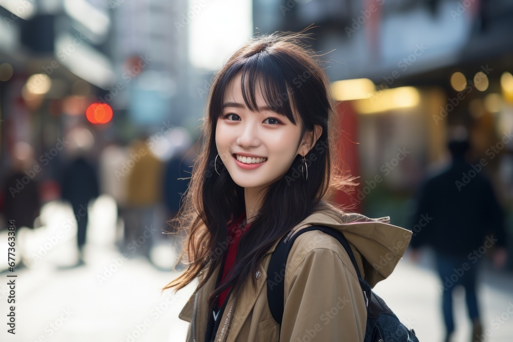young asian woman on the streets looking to camera with a smile