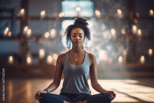 young black woman practicing yoga in lotus position inside a gym