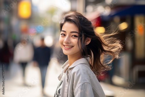 young asian woman with her hair waving on the streets looking to camera with a smile