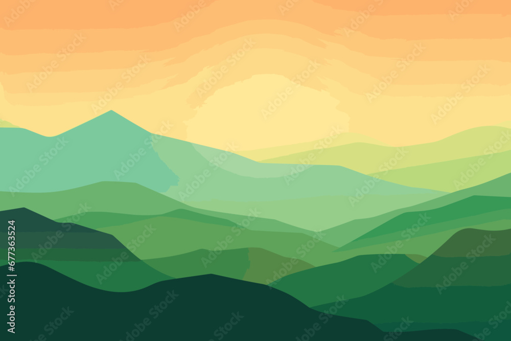 A level terrain featuring verdant mountain peaks and a sunrise-colored sky. tranquil getaway & outdoor banner. Conceptual texture of recreation and meditation. Vector artwork of a serene background. - obrazy, fototapety, plakaty 