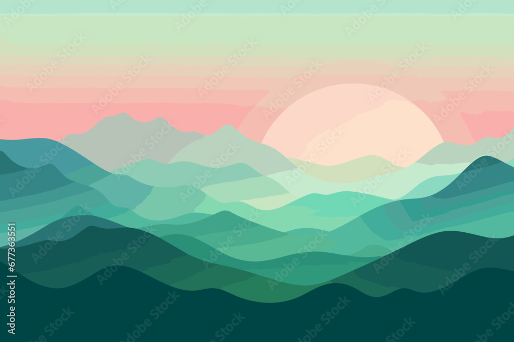 Flat landscape with green mountain peaks and sunrise gradient sky. Peaceful holidays and outdoor activities banner. Relaxation and meditation texture concept. Serenity vector image background.