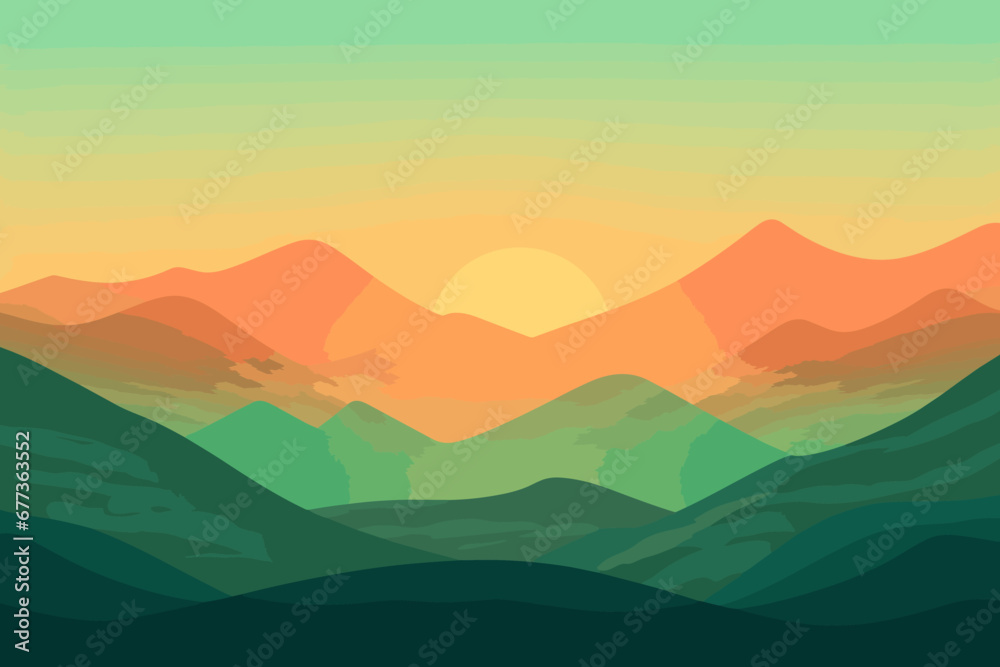 Flat landscape with green mountain peaks and sunrise gradient sky. Peaceful holidays and outdoor activities banner. Relaxation and meditation texture concept. Serenity vector image background.