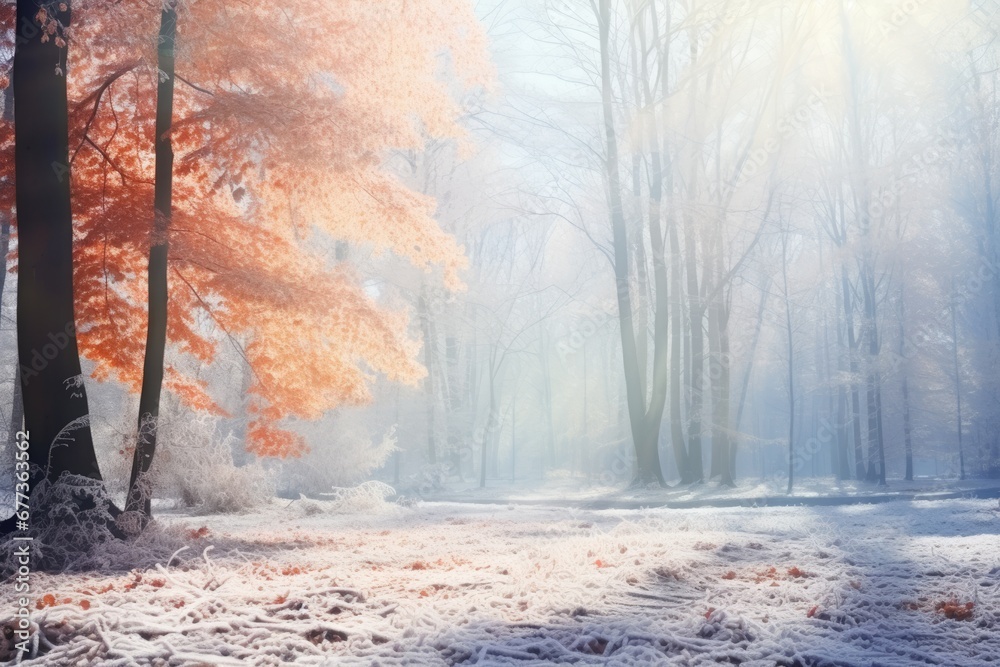 Obraz premium Foggy winter forest with snow and sun light ray. Winter seasonal concept.