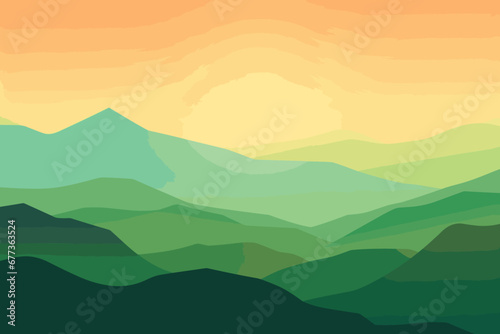 A level terrain featuring verdant mountain peaks and a sunrise-colored sky. tranquil getaway & outdoor banner. Conceptual texture of recreation and meditation. Vector artwork of a serene background.