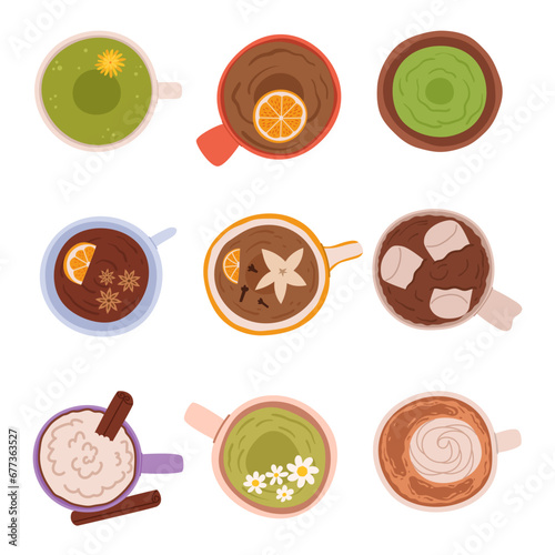 Top View Of Exquisite Glassware Filled With Vibrant Drinks, Colorful Symphony In Cozy Cups, Promising Refreshment