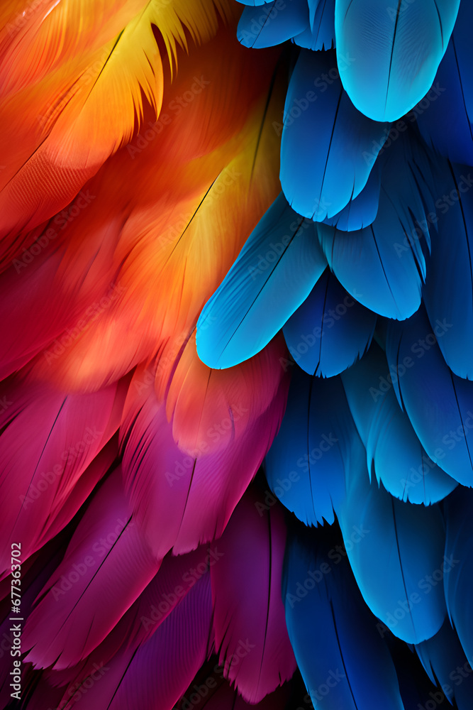 Fototapeta premium blue and yellow macaw feathers background,orange and pink colors,minimal composition,summer concept