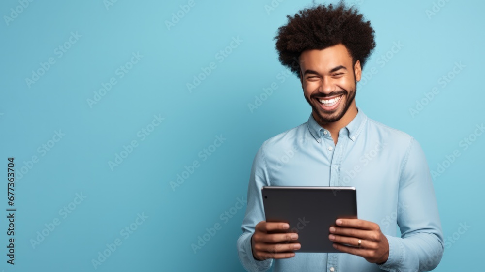 Gen Z leader brainstorming over digital tablet energizing blue background with empty space for text 