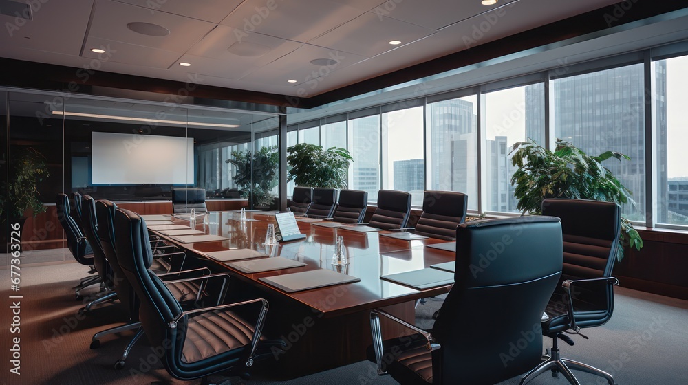 Meeting room with tables and chairs and large glass windows with views of the city skyscrapers.