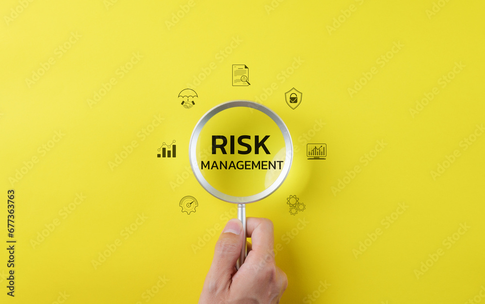 Magnifying glass with word risk management. Risk analysis in Business or finance and assessment for business investment. forecasting evaluation financial business, Strategy plan, Internet technology,