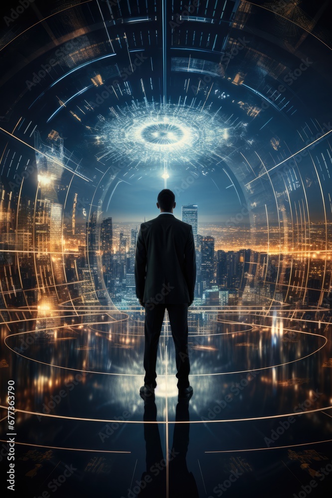 Obraz premium Digital era global leader overseeing time-zones background with empty space for text