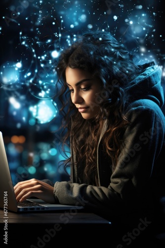 Glittering constellation enveloping woman at laptop background with empty space for text 