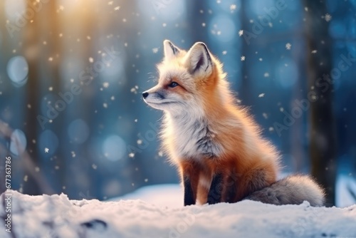 Beautiful red fox stand in wild in Winter with snow. photo