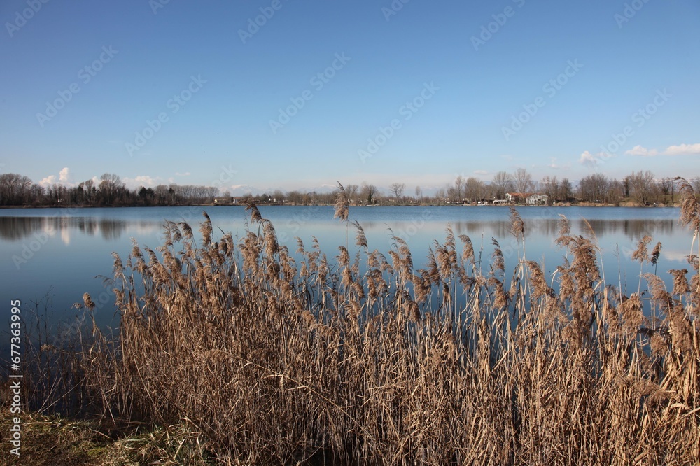Beautiful view of the lake under a blue sky