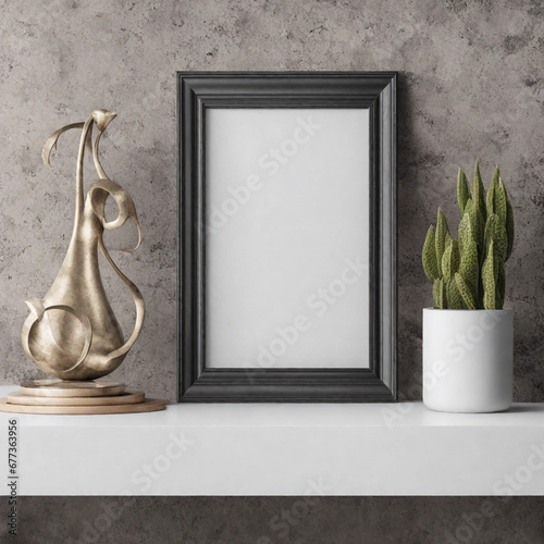 photo frame standing on counter with scalpture and plant  photo