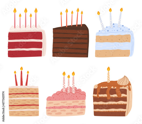Delectable Ensemble Of Cake Slices Adorned With Flickering Candles, Radiating Warmth And Joy. A Sweet Celebration
