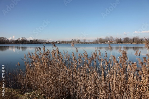 Beautiful view of the lake under a blue sky