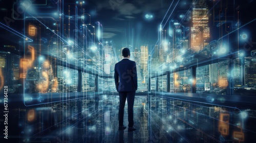 A successful businessman stands looking at the future of a city with advanced technology