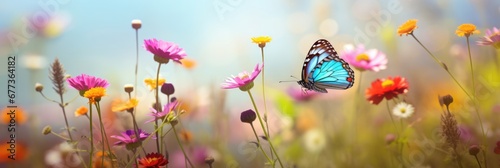 Panoramic view of butterfly in booming wild flower field in Spring.