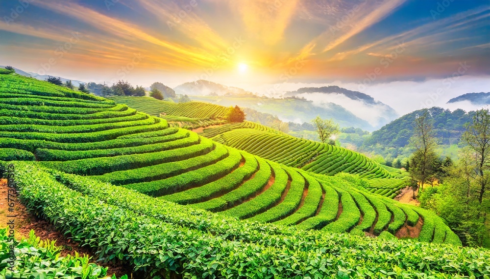 Tea plantations under a clear blue sky 