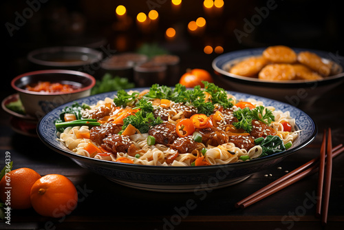 Traditional Chinese lunar New Year dinner table, party invitation, menu background with pork, fried fish, chicken, rice balls, dumplings, fortune cookie, nian gao cake, chinese decorations. AI