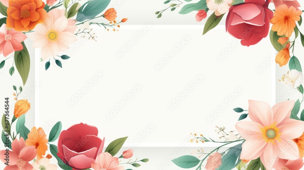 Stunning, colorful flower border with ample white space, a perfect template for cards, wedding invites, and diverse graphic designs.