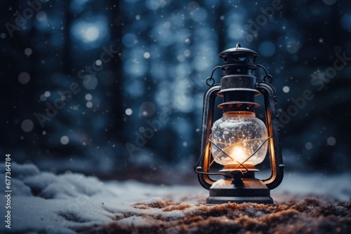 Close-up view of vintage hurricane lantern in snow field in winter. Winter seasonal concept.